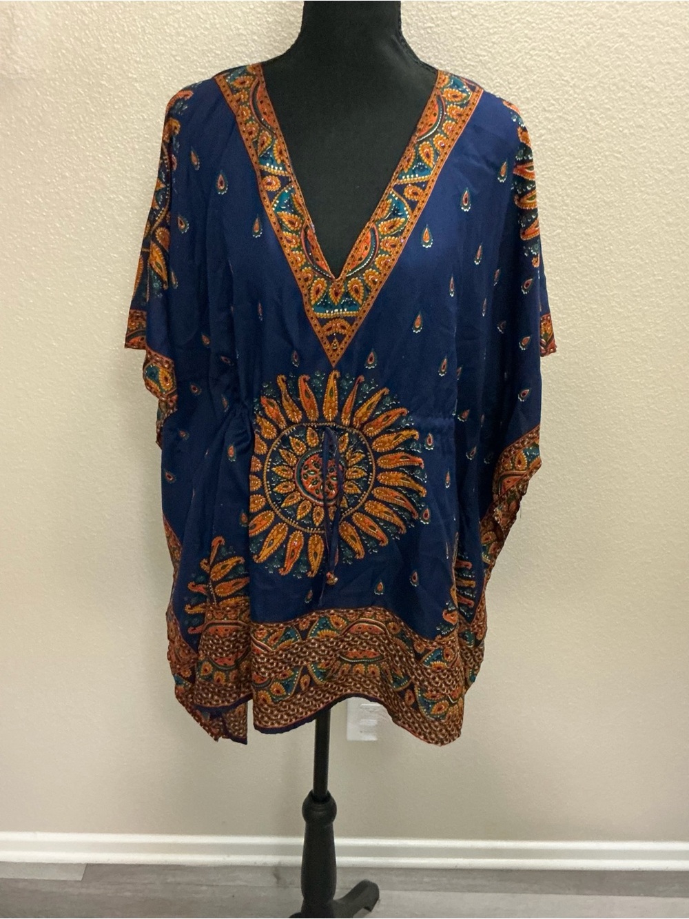 Blue & Orange Bohemian V-Neck Women's Top